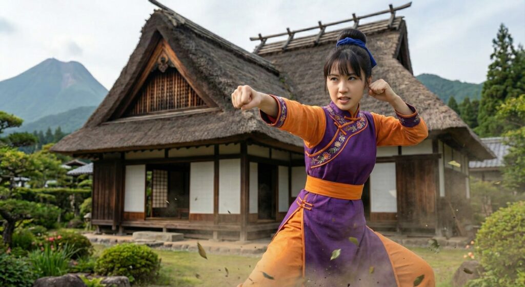 Milk de dragon ball en su versión realista realizando una pose de batalla