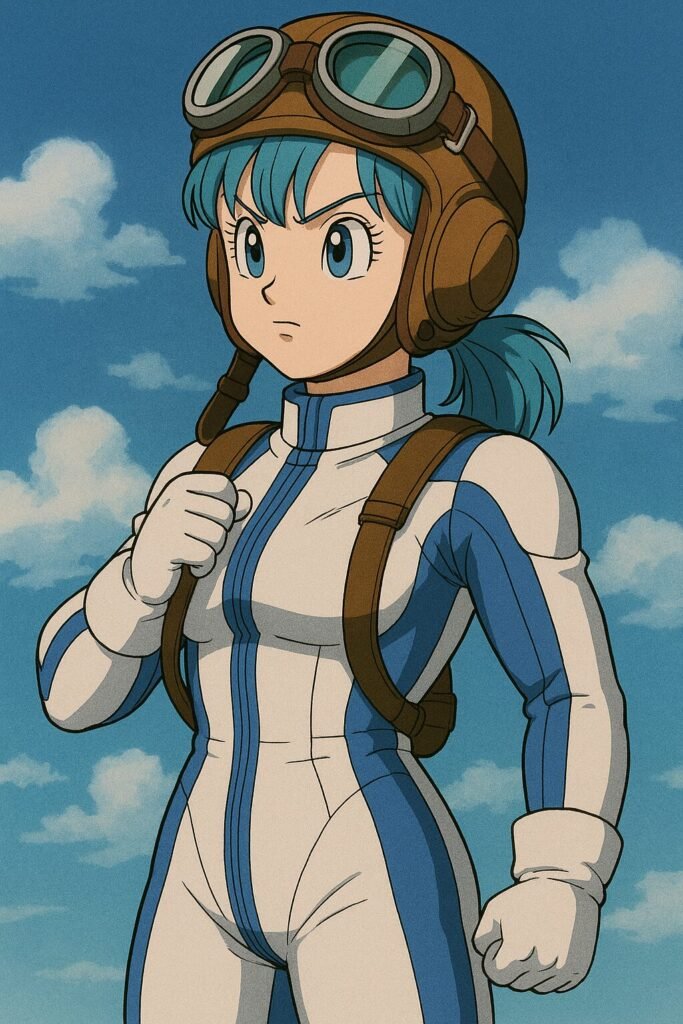 Bulma como pilota de avión de guerra.