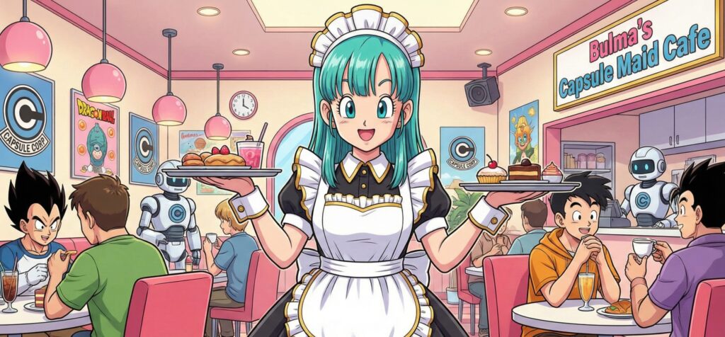 Bulma en su local de Maid café vestida como una sirvienta temática del local