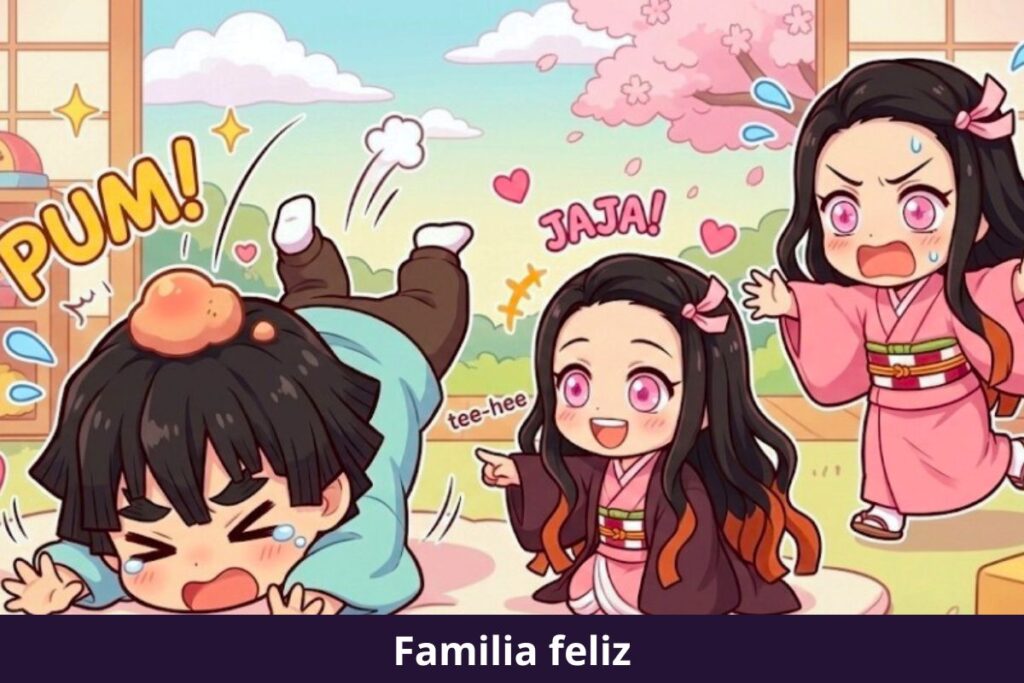 Nezuko cuidando de sus dos hijos traviesos
