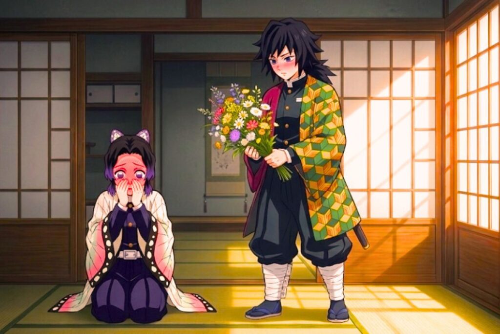 Shinobu y Tomioka sonrojados por flores