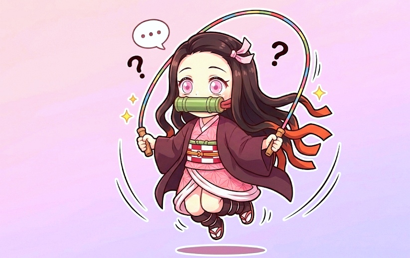 Nezuko chibi saltando la cuerda muy tiernamente