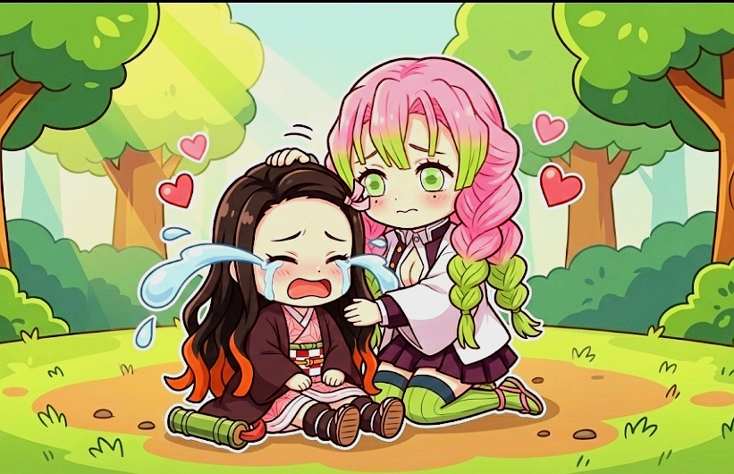 Nezuko chibi triste y llorando siendo consolada por Mitsuri Kanroji