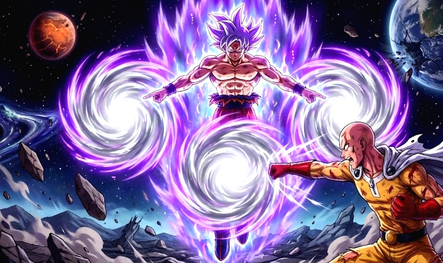 Goku prepara las Genkidamas y Saitama se prepara para detenerlas a golpes.