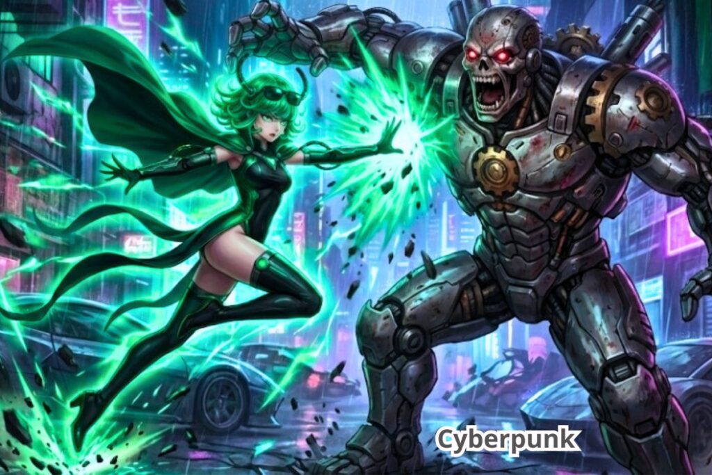 Lucha intensa de Tatsumaki en un mundo futurista contra una bestia metálica.