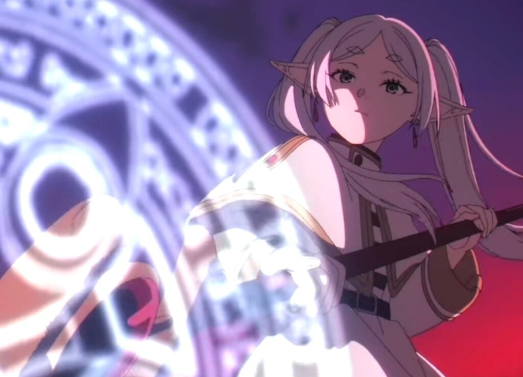 Frieren lanzando un hechizo para eliminar al demonio de la espada desde el cielo y distraído por sus compañeros