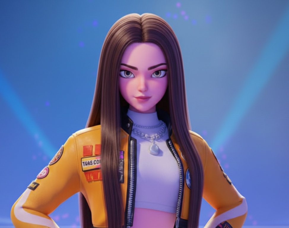 Rumi de las guerreras K-pop con el cabello liso y largo abundante