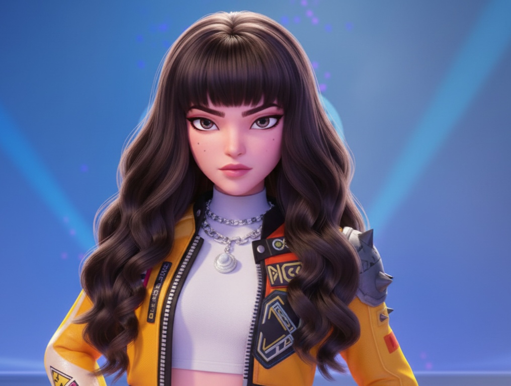 Rumi de las guerreras K-pop con cabello ondulado y fleco al estilo lisa de Black Pink