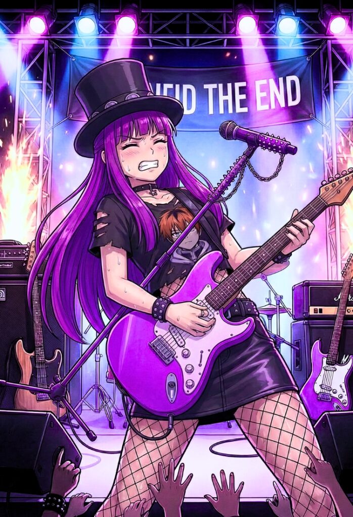 Fern tocando un solo de guitarra en el escenario al estilo Slash de Guns n Roses